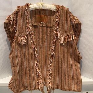 Crystal Handwovens Vest Jacket Vintage Wearable Art Brown Gold Orange Fibers LG